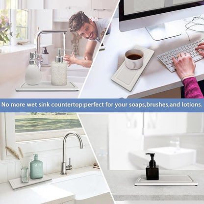 2 PCS Fast-Drying Stone Trays for Bathroom Sink & Kitchen Counter, Water Absorbing Diatomite Sink Coasters, Vanity Tray, Hand Soap Holder with Anti-Skid Pads (9.5" x 4.7" White)