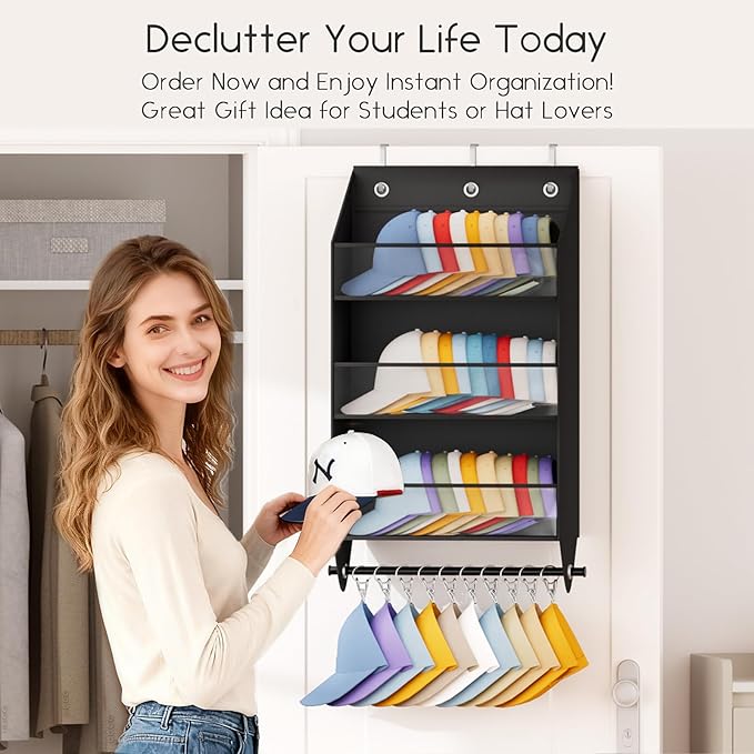 Homsorout Over the Door Hat Rack - 3-Layer Design Hat Organizer Holds 30-36 Hats with 10 Hooks, Ideal Hat Rack for Door, Over the Door Organizer for Closet, Apartment, Bedroom, Dorm, 1 Pack, Black