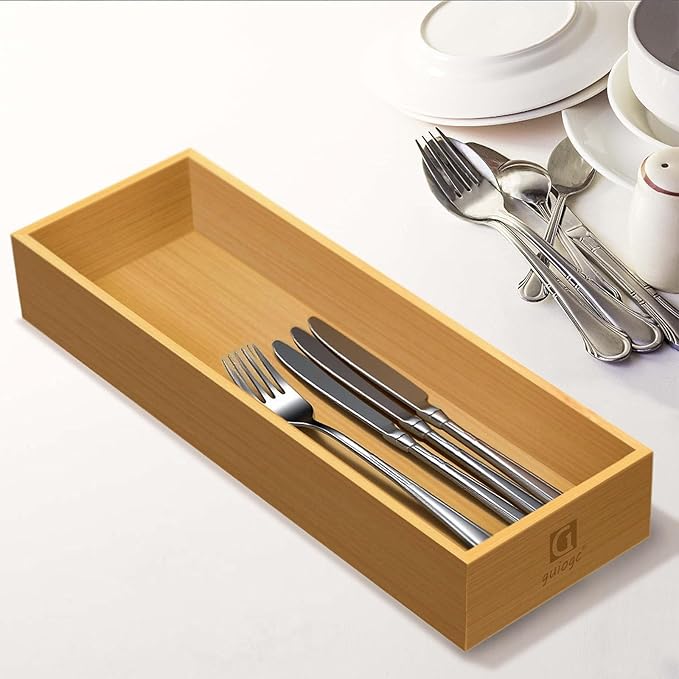 guiogc Bamboo Drawer Silverware Organizer, Silverware Tray, Flatware Organizer, Bamboo Storage Box Suitable for Office, Bathroom and other objects storage (14.2"x5"x2"-Set of 2)