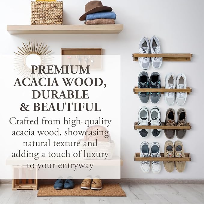 MyGift Set of 4 Premium Acacia Wood Wall Hanging Shoe Rack, Wall Mounted Space Saving Footwear Storage System for Closet, Mudroom, Entryway, Holds 8 Pairs
