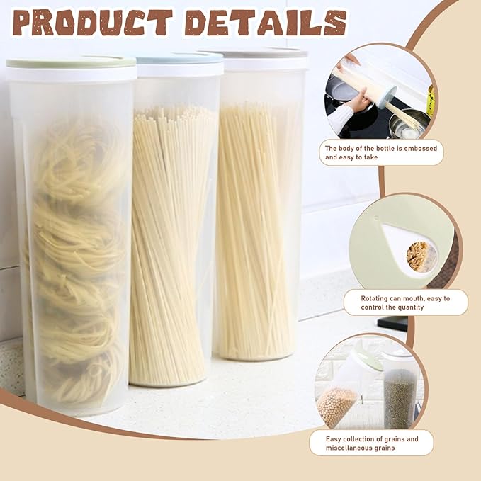 Spaghetti Storage Jar, Clear Plastic Pasta Storage Containers, Airtight Food Storage Container with Rotating Lid, Non Slip Spaghetti Jar for Noodles Beans Staples Pasta Storage Containers