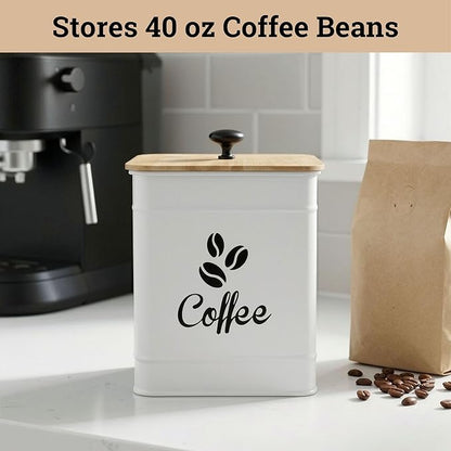 Airtight Coffee Canister - 40 oz Large Iron White Coffee Container Airtight - 6 x 8 inch Metal Jar - Stylish Countertop Container for Coffee Grounds, Beans, Pods & More with Rubber-Lined Bamboo Lid