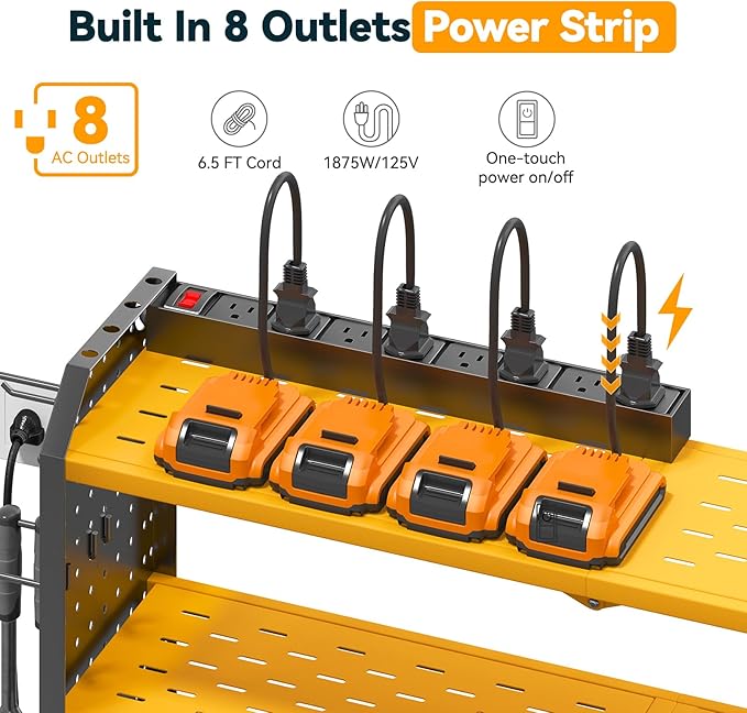 Warome Tool Organizer with Charging Station, Power Tool Rack Wall Mount with 8-Outlet Power Strip, Tool Storage for Garage with 8 Cordless Drill Holders, Battery Utility Shelf in Yellow