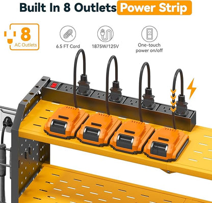 Warome Tool Organizer with Charging Station, Power Tool Rack Wall Mount with 8-Outlet Power Strip, Tool Storage for Garage with 8 Cordless Drill Holders, Battery Utility Shelf in Yellow