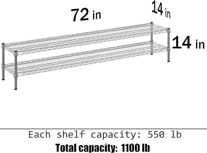 14" Deep x 72" Wide x 14" Height Wire Shelving Kit | 2-Tier | NSF Commercial Storage Rack Unit