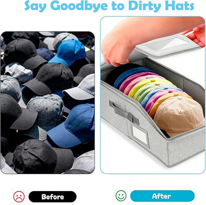 4 Pack Hat Organizer for Baseball Caps, Hat Storage Box, Holds up to 48 Caps, Baseball Cap Organizer for Closet/Shelf, Hats Box Holder | Stackable, Foldable, Clear Lid, Easy-Access,Grey