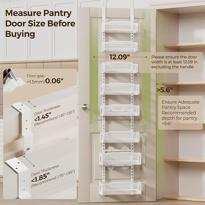 Delamu 8 Tier Over the Door Pantry Organizer, 2in1 Hanging or Wall Mount Spice Rack Seasoning, Adjustable Heavy-Duty Narrow Pantry Door Organizer and Storage for Kitchen Cabinet and Bathroom,12" White