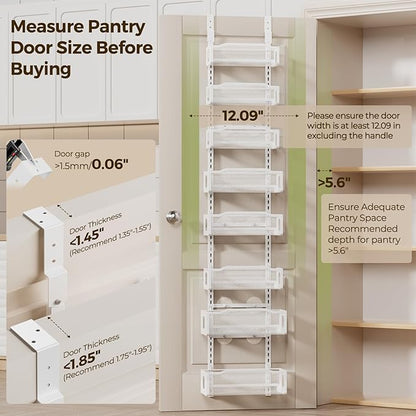 Delamu 8 Tier Over the Door Pantry Organizer, 2in1 Hanging or Wall Mount Spice Rack Seasoning, Adjustable Heavy-Duty Narrow Pantry Door Organizer and Storage for Kitchen Cabinet and Bathroom,12" White