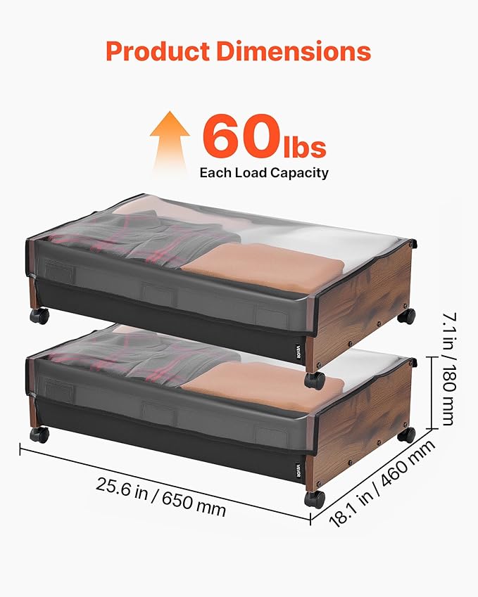 VEVOR Under Bed Storage with Wheels, 36.0 x 18.1 x 7.3 inch, Underbed Containers with Clear Lid, Underbed Shoe Organizer, Rolling Under the Bed Storage Bins for Clothes Shoes Blankets Bedroom, 2 Pack