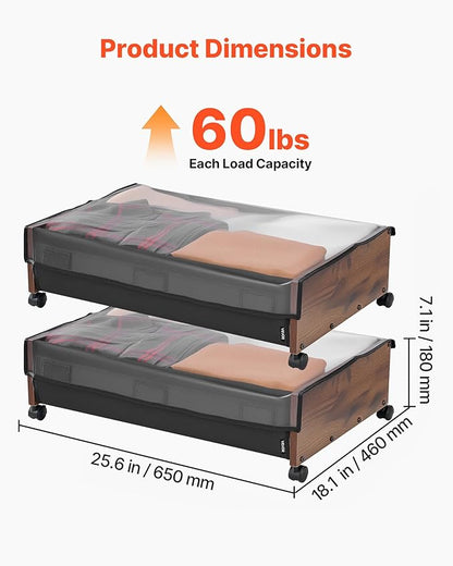VEVOR Under Bed Storage with Wheels, 36.0 x 18.1 x 7.3 inch, Underbed Containers with Clear Lid, Underbed Shoe Organizer, Rolling Under the Bed Storage Bins for Clothes Shoes Blankets Bedroom, 2 Pack