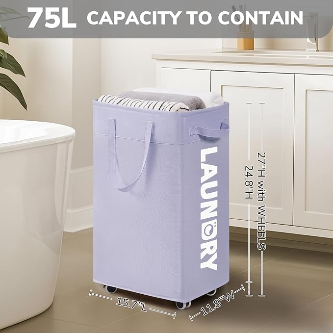Goodpick Laundry Basket with Wheels 2-Pack, 75L Collapsible Laundry Baskets with Removable Wash Bag, Clothes Laundry Hamper on Wheels, Light Purple