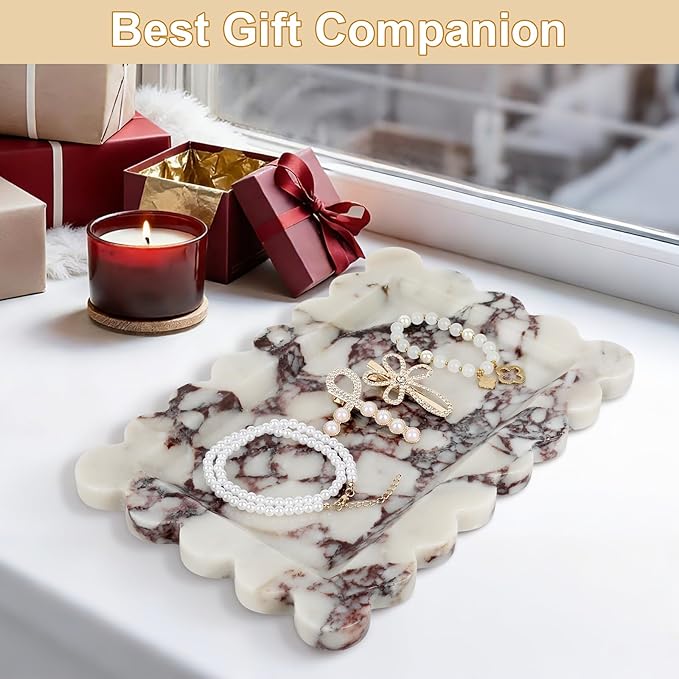 100% Natural Marble Vanity Tray - Real Stone Storage Organizer for Bathroom/Kitchen/Vanity/Dresser, Countertop Tray for Perfume, Jewelry, Home Decor, 11.8 x 7.8 x 0.7 Inch