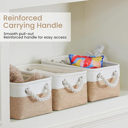 Storage Baskets for Shelves 11.8x7.9x5.2 Inch, Foldable Fabric Storage Bins with Handles, Small Storage Baskets for Organizing Closet, Office, Home Organization (1-Pack, White&Khaki)
