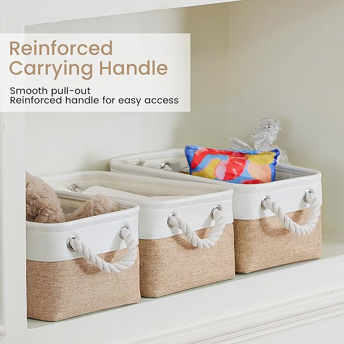 Storage Baskets for Shelves 11.8x7.9x5.2 Inch, Foldable Fabric Storage Bins with Handles, Small Storage Baskets for Organizing Closet, Office, Home Organization (6-Pack, White&Khaki)