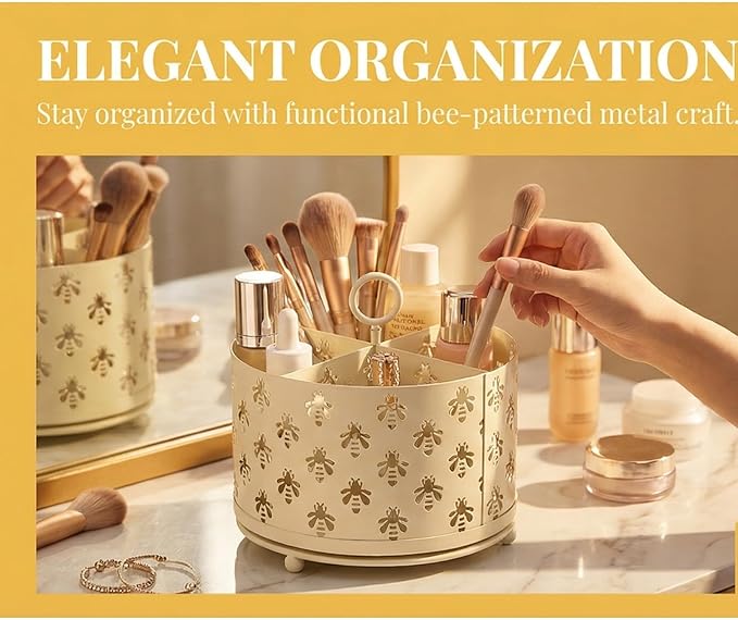 NelyBet 360°Rotating Utensil Caddy Countertop - Bee Silverware Caddy Holder with 4 Compartment - Mesh Cutlery Caddy Holder with Handle for Party Kitchen Counter Office Cream White