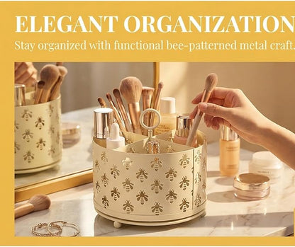 NelyBet 360°Rotating Utensil Caddy Countertop - Bee Silverware Caddy Holder with 4 Compartment - Mesh Cutlery Caddy Holder with Handle for Party Kitchen Counter Office Cream White