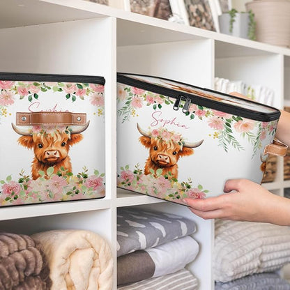 Custom Highland Cow Storage Bins with Lid, Foldable Personalized Storage Basket Boxes with Handle Pink Flower Shelf Basket Closet Organizer Cube