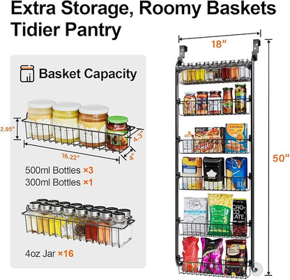 Delamu Over the Door Pantry Organizer, 6-Tier Metal Pantry Door Organization and Storage, Hanging Kitchen Basket Spice Rack Seasoning Shelves, Cabinet Door Organizer for Easy Install,D5xW18xH50inch