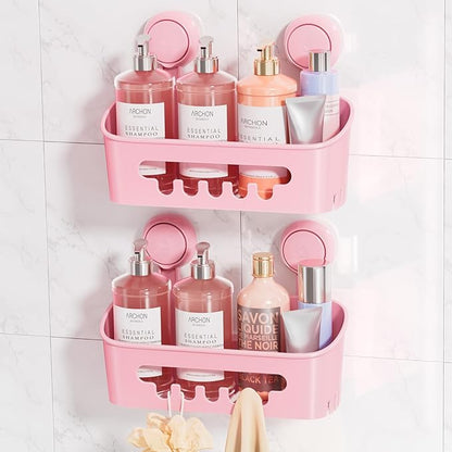LEVERLOC Shower Caddy Suction Cup 2 Pack, Shower Organizer Removable Bathroom Shelf, Storage for Inside Shower Powerful Suction Max Hold 22lbs Waterproof Holder, Pink
