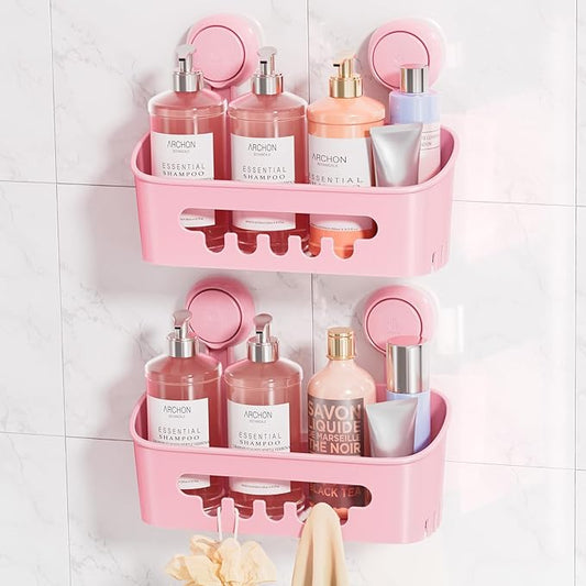 LEVERLOC Shower Caddy Suction Cup 2 Pack, Shower Organizer Removable Bathroom Shelf, Storage for Inside Shower Powerful Suction Max Hold 22lbs Waterproof Holder, Pink