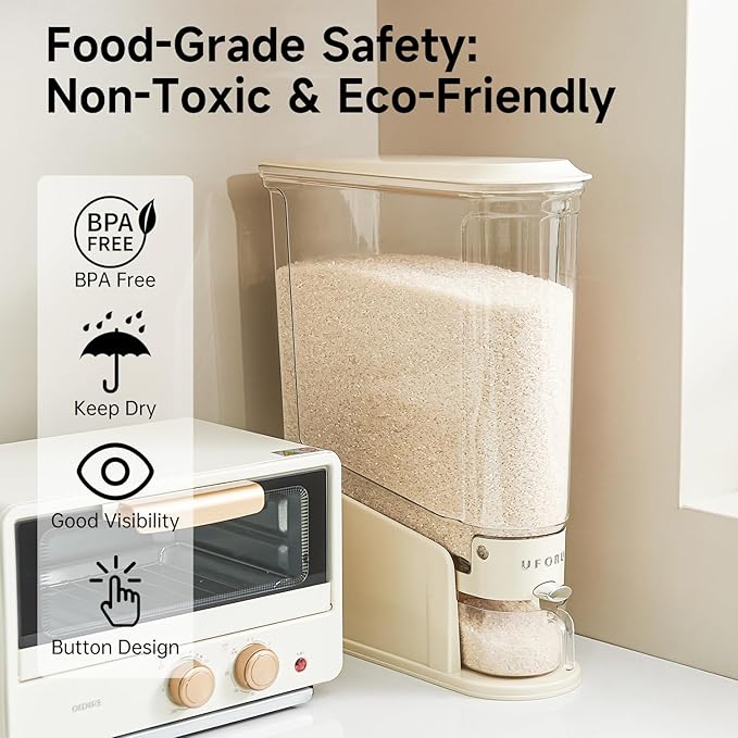 UFORU Rice Dispenser 22Lbs, Slim Rice Storage Container for Small Space, BPA-Free Clear Dry Food Dispenser Sealed Moisture Proof, Grain&Cereal Storage Bucket for Kitchen Pantry Household, Cream White