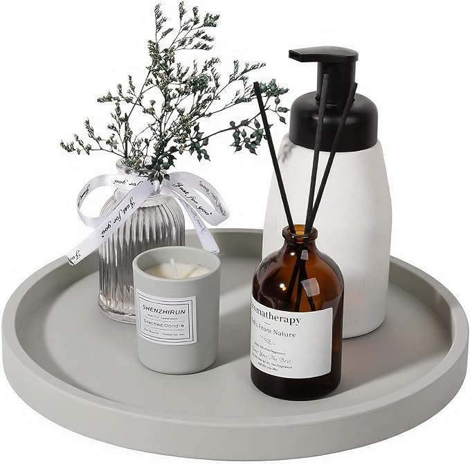 Silicone Bathroom Tray, 9" Round Grey Vanity Organizer – Decorative Countertop Tray for Soap, Candle, Perfume, Kitchen & Coffee Table