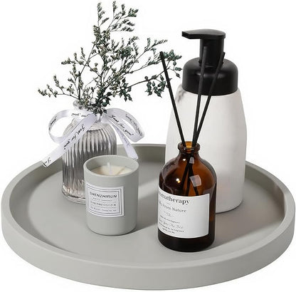 Silicone Bathroom Tray, 9" Round Grey Vanity Organizer – Decorative Countertop Tray for Soap, Candle, Perfume, Kitchen & Coffee Table