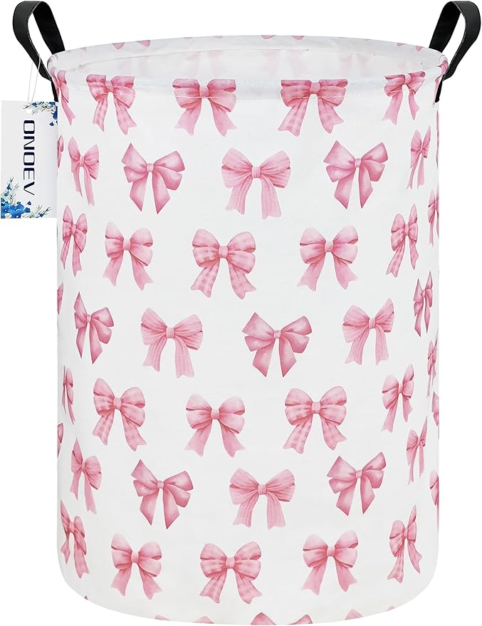 Kids Laundry Hamper,Pink Bow Themed Laundry Basket for Girls,Cute Coquette Aesthetic Collapsible Fabric Organizer with Handles for Bedroom Nursery Playroom