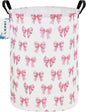 Kids Laundry Hamper,Pink Bow Themed Laundry Basket for Girls,Cute Coquette Aesthetic Collapsible Fabric Organizer with Handles for Bedroom Nursery Playroom