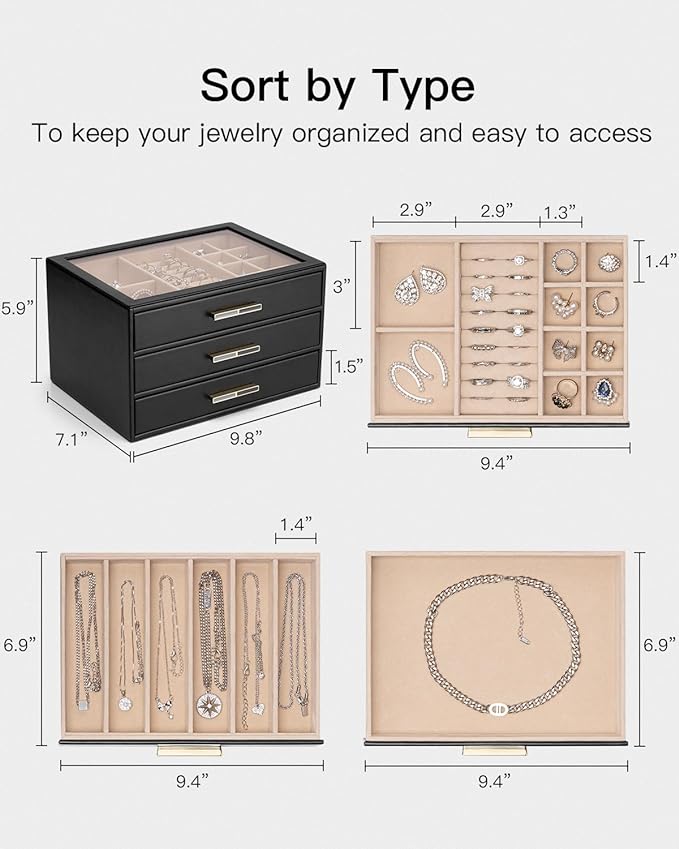 VLANDO Jewelry Box for Women, 3-Layer Jewelry Organizer with Drawers, Glass Lid Display Jewelry Storage, Soft PU Leather Exterior, Contrast Gold Metal Handles, Refined Style - Obsidian