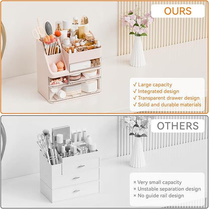 Yieach Pink Makeup Organizer Countertop With 4 Drawers,Large Cosmetics Storage Organizer for Brush,Hair Products,Plastic Makeup Holders and Beauty Skincare Organizers for Bathroom,Vanity,Dresser Top