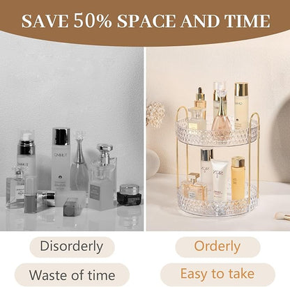 Rotating Makeup Organizer for Vanity, 2 Tier Perfume Skincare Storage for Women, Bathroom Counter Organizer, 360° Spinning Cosmetic Holder for Dresser Countertop, Clear