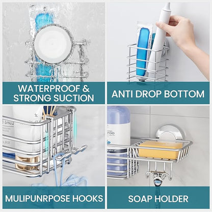 TAILI Shower Caddy Suction Cup, 3 Pack Shelves for Inside with Hooks & Soap holder Toothbrush Cups, Removable Bathroom Organizer, Rustproof Silver Holder Storage-Silver
