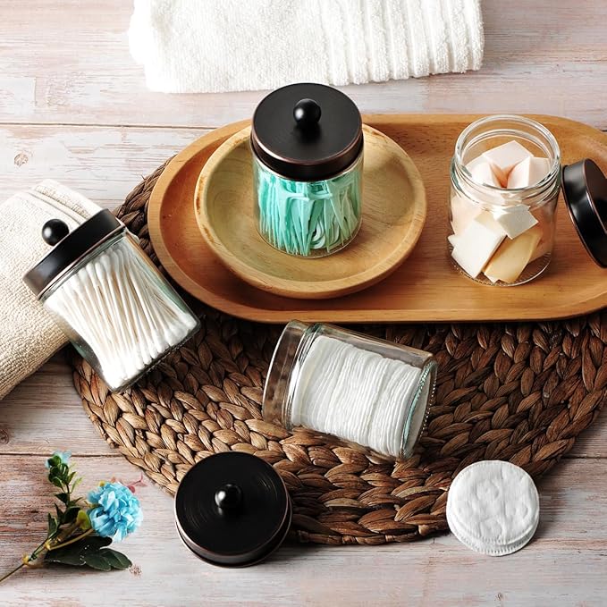 Amolliar Apothecary Jars Bathroom Storage Organizer - Cute Qtip Dispenser Vanity Canister Glass with Lid for Cotton Swabs,Rounds,Bath Salts,Makeup Sponges,Hair Accessories/Oil Rubbed Bronze（2 Pack）