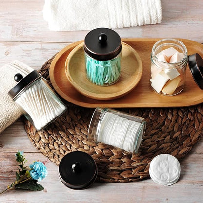 Amolliar Apothecary Jars Bathroom Storage Organizer - Cute Qtip Dispenser Vanity Canister Glass with Lid for Cotton Swabs,Rounds,Bath Salts,Makeup Sponges,Hair Accessories/Oil Rubbed Bronze（2 Pack）