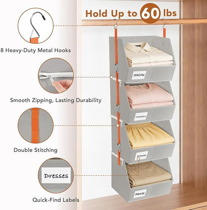 4 Pcs Modular Closet Organizer - Detachable & Foldable Hanging Storage Cubes, 88L Total Capacity, Heavy Duty Fabric Shelves for Wardrobe, Closet Organization, RV, Dorm, Grey