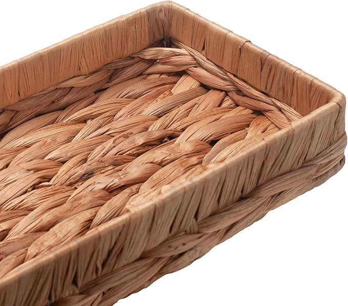 Woven Bathroom Vanity Tray for Storage Water Hyacinth Back of Toilet Basket Long Narrow Guest Towel Holder (Natural 16.3 x 6.1 x 2 inch)