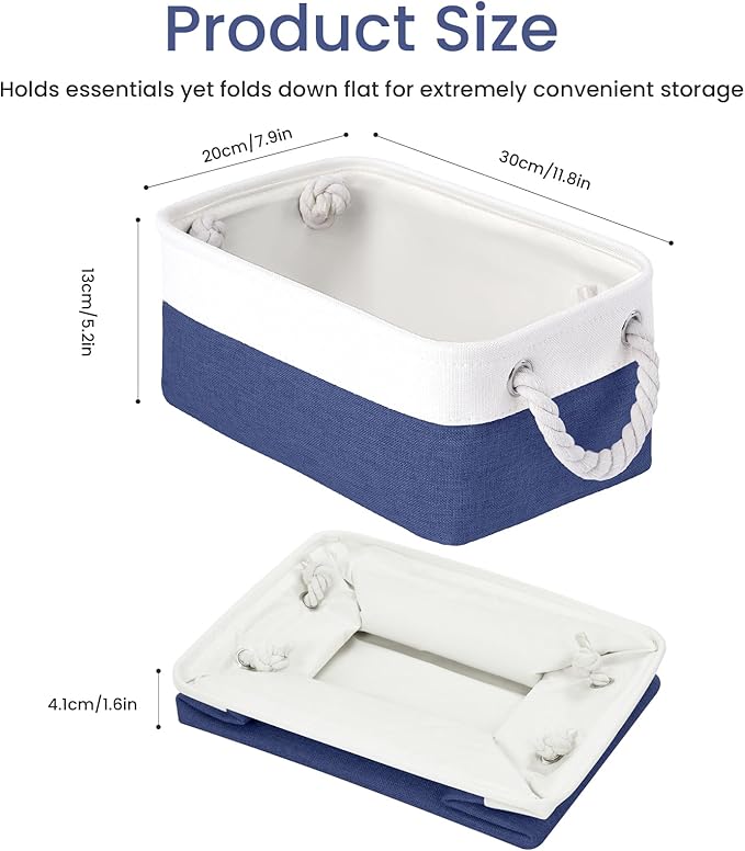 Storage Baskets for Shelves 11.8x7.9x5.2 Inch, Foldable Fabric Storage Bins with Handles, Small Storage Baskets for Organizing Closet, Office, Home Organization (6-Pack, White&Blue)