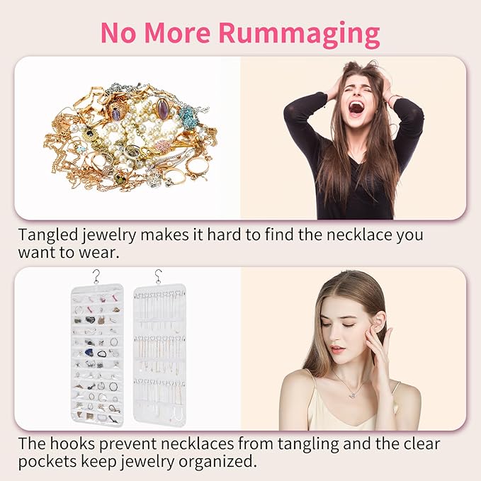 Bloss Hanging Jewelry Organizer, Double-Size jewelrys Storage with Hanger Hooks, Large Jewelrys Storage with 48 Pocket, Earring,Necklace Holder,Womens Jewelry Holder,White