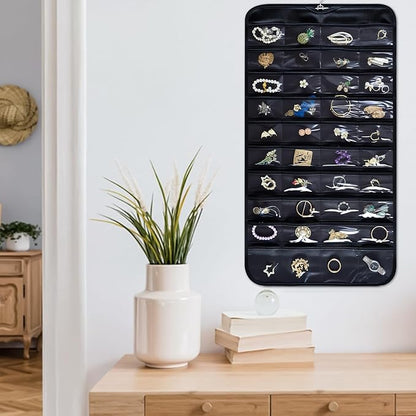 Hanging Jewelry Organizer Storage Roll with Hanger Metal Hooks Double-Sided Jewelry Holder for Necklaces, Earrings, Rings on Door, Wall, Closet, 48 Pocket Organizer,Black