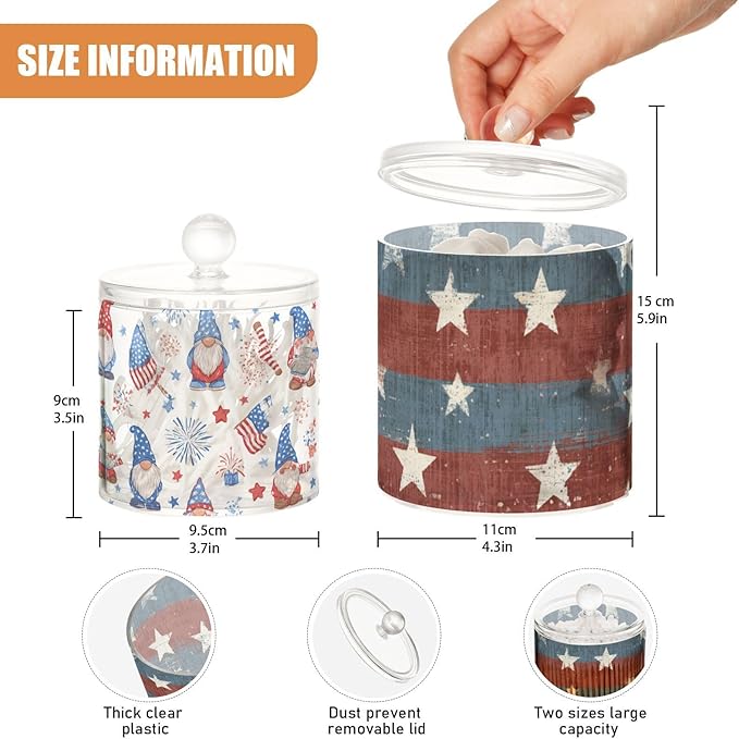 2 Pack Qtip Dispenser Apothecary Jars with Lids Cotton Round Holder Bathroom Canisters for Cotton Swab Floss Ball Pads Clear Plastic Decorative July 4th Stars Gnomes