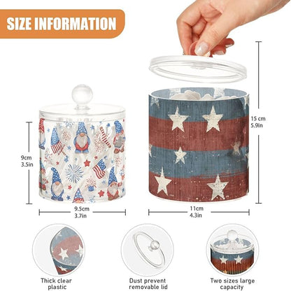 2 Pack Qtip Dispenser Apothecary Jars with Lids Cotton Round Holder Bathroom Canisters for Cotton Swab Floss Ball Pads Clear Plastic Decorative July 4th Stars Gnomes