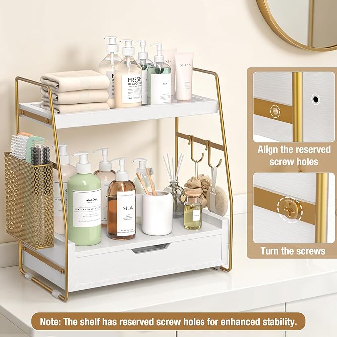 2-Tier Bathroom Counter Organizer with Drawer & Removable Basket, Wood & Metal Vanity Organizer for Skincare, Makeup, Perfume, Toiletries, Small Bathroom Counter Shelf, 13'' White Gold