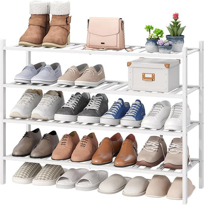 viewcare White 4-Tier Long Shoe Rack, Bamboo Wood, 33-Inch