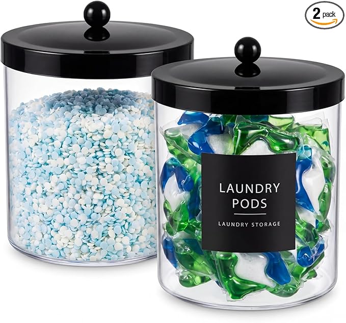 Sheechung 2-Pack Acrylic Jar with Black Stainless Steel Lid Set (78oz&50oz)-Large Clear Apothecary Jars with Measuring Spoons & Labels for Laundry Room, Kitchen Pantry, Bathroom Storage