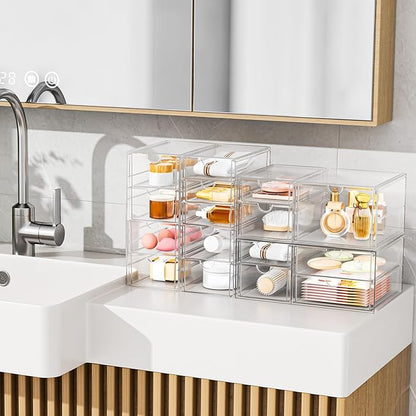 YFXCVSL Acrylic Makeup Organizer with 31 Drawers, 6 Pack Clear Storage Drawers, Bathroom Makeup Organizer for Palettes, Cosmetic, and Beauty Supplies,Ideal for Vanity, Cabinet,Desk Organization