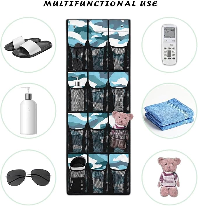 Generic Blue Camouflage Bed Organizer Hanging Pocket Strong Door Storage Organizer Heavy Duty Over Door Storage Organizer with Waterproof Pockets for Dormitory Kitchen