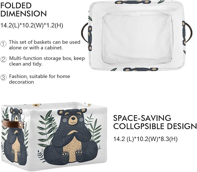Large Storage Basket Black Bear Storage Bin Cube Canvas Fabric Organizer Handles Collapsible for Clothes Toys Bedroom Decorative