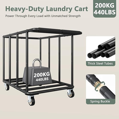 FAVOOSTY 470L Heavy Duty Commercial Laundry Cart with Wheels,Industrial Rolling Laundry Hamper, Extra Large Laundry Basket, Metal Frame for Hotel/Hospital/Home, 440lbs (Beige)