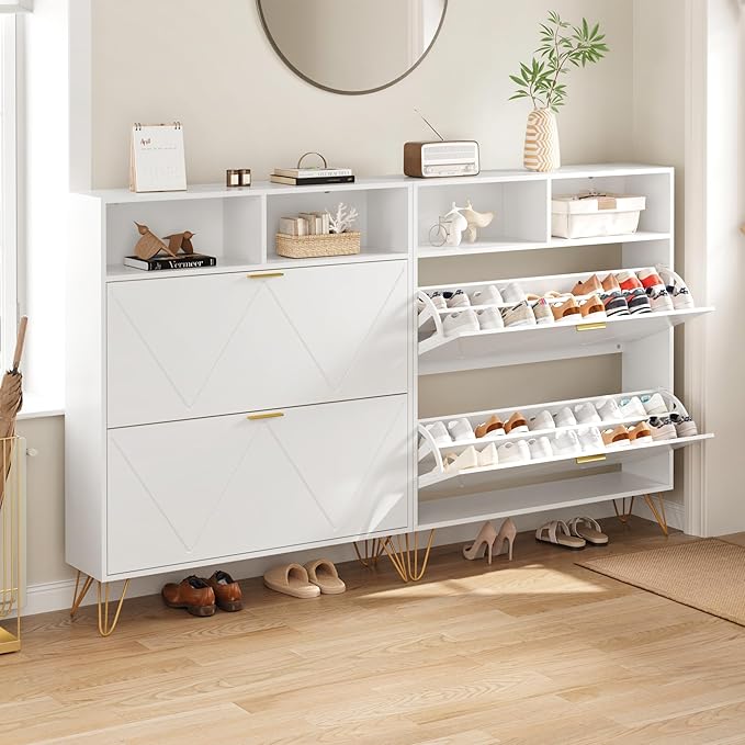 Shoe Cabinet Storage for Entryway, White Shoe Organizer with 2 Flip Drawers & Open Shelf, Hidden Large Shoe Storage Cabinet with Metal Legs, Freestanding Tipping Bucket Shoe Cabiet